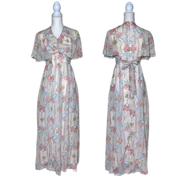 Vintage 70’s White w/ Pink Floral Prairie Cottagecore Maxi Dress - Picture 1 of 8